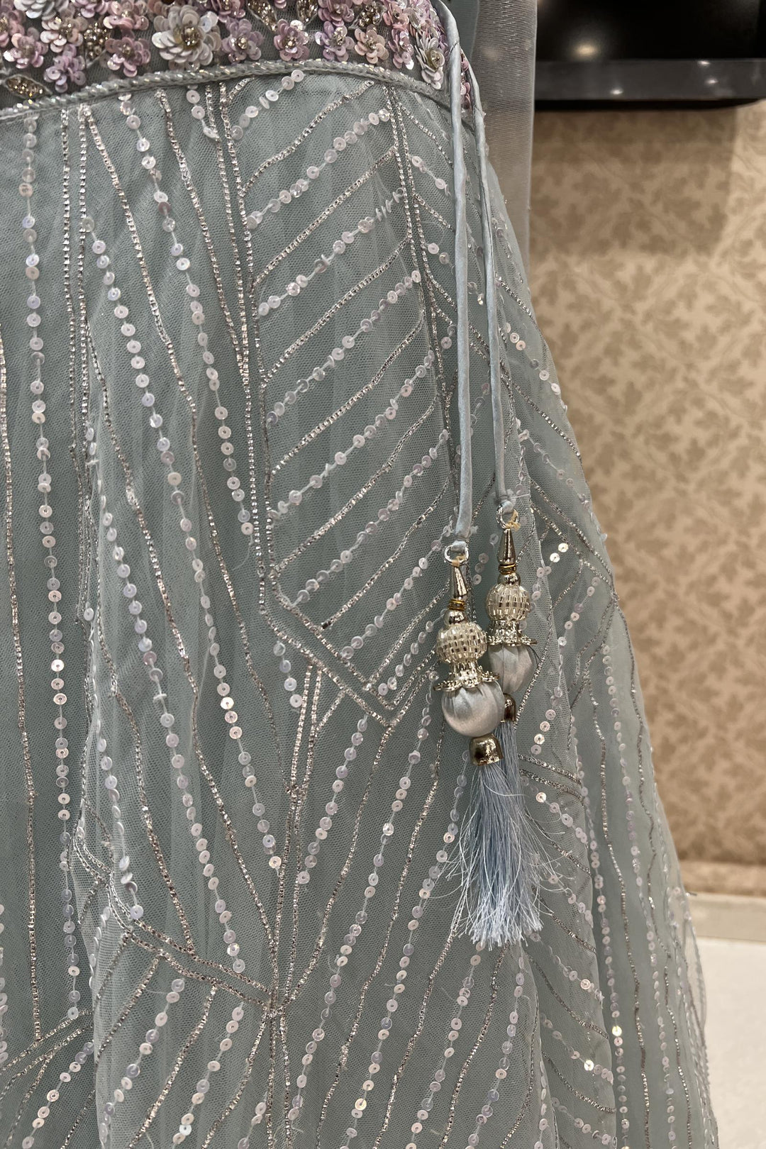 Aqua Blue Sequins, Stone, Beads, Thread and Zari work Crop Top Lehenga - Seasons Chennai