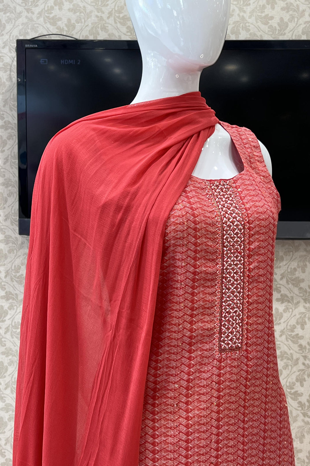 Peach Printed, Sequins, Beads and Stone work Straight Cut Salwar Suit - Seasons Chennai