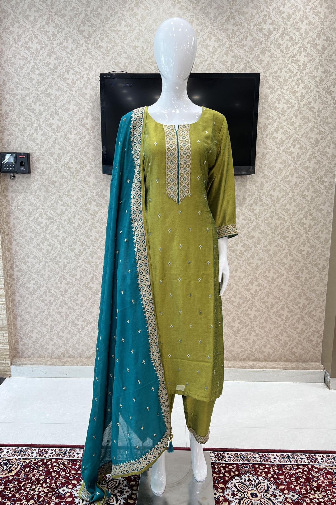 Mehendi Green Sequins and Zari work Straight Cut Salwar Suit - Seasons Chennai