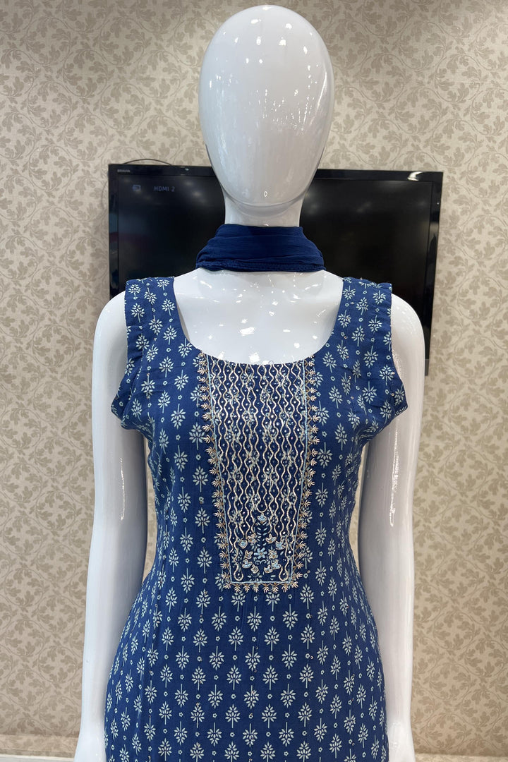 Navy Blue Printed, Zardozi, Zari, Stone and Sequins work Straight Cut Salwar Suit - Seasons Chennai