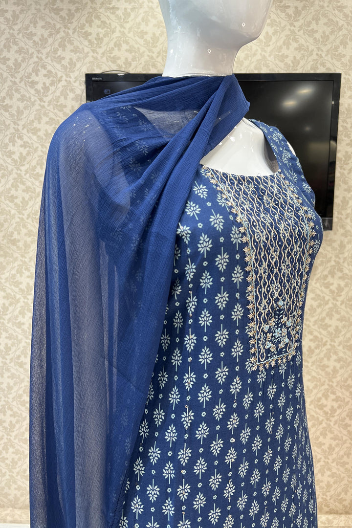 Navy Blue Printed, Zardozi, Zari, Stone and Sequins work Straight Cut Salwar Suit - Seasons Chennai
