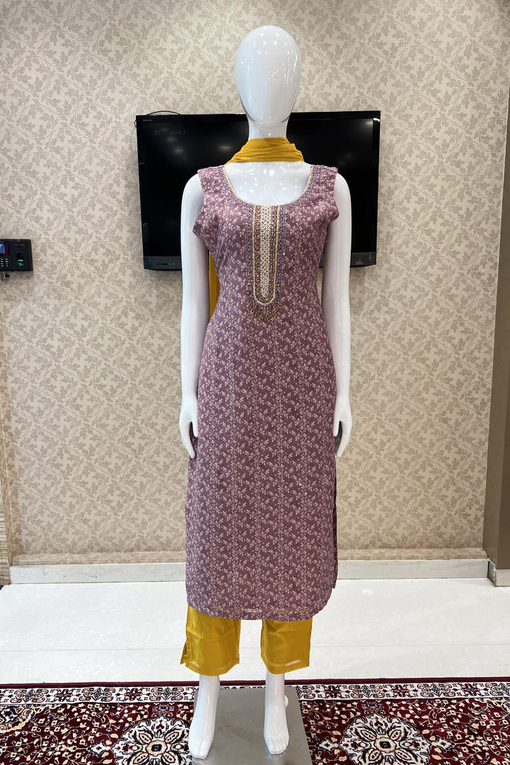 Onion Pink with Yellow Leaf Print, Stone, Mirror and Thread work Straight Cut Salwar Suit - Seasons Chennai