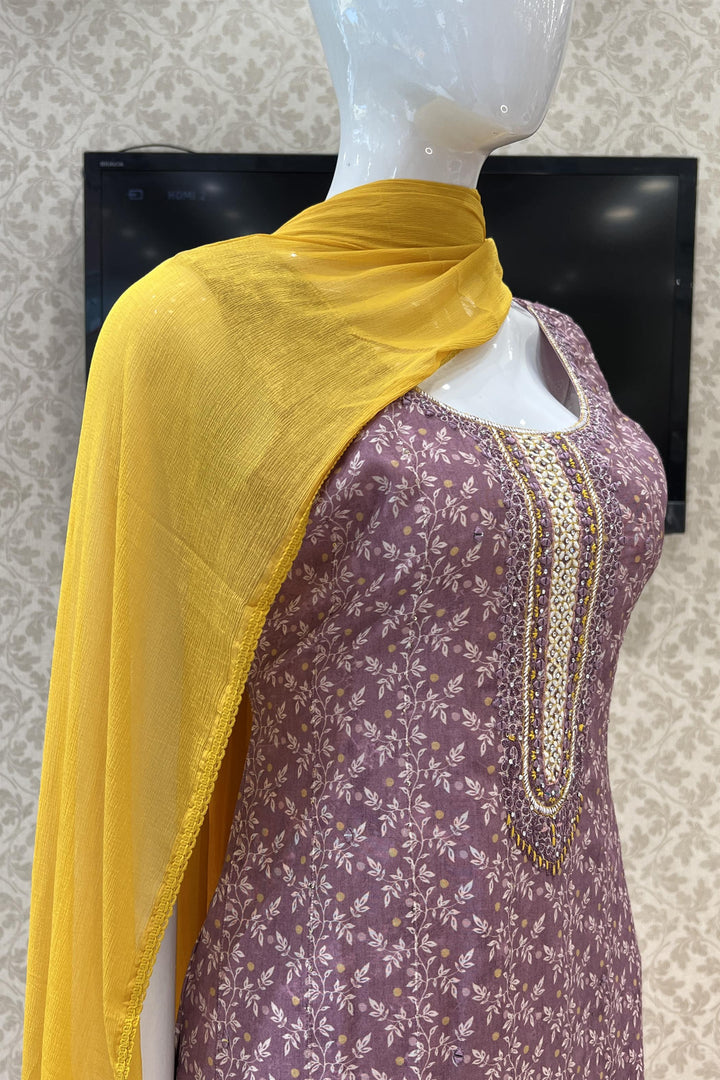 Onion Pink with Yellow Leaf Print, Stone, Mirror and Thread work Straight Cut Salwar Suit - Seasons Chennai