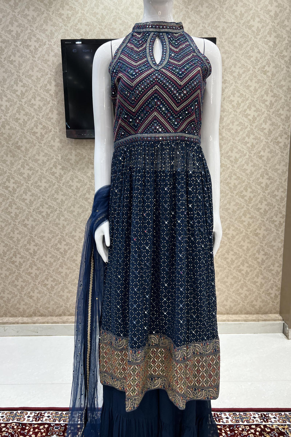 Blue Banaras, Sequins and Thread work Salwar Suit with Palazzo Pants - Seasons Chennai
