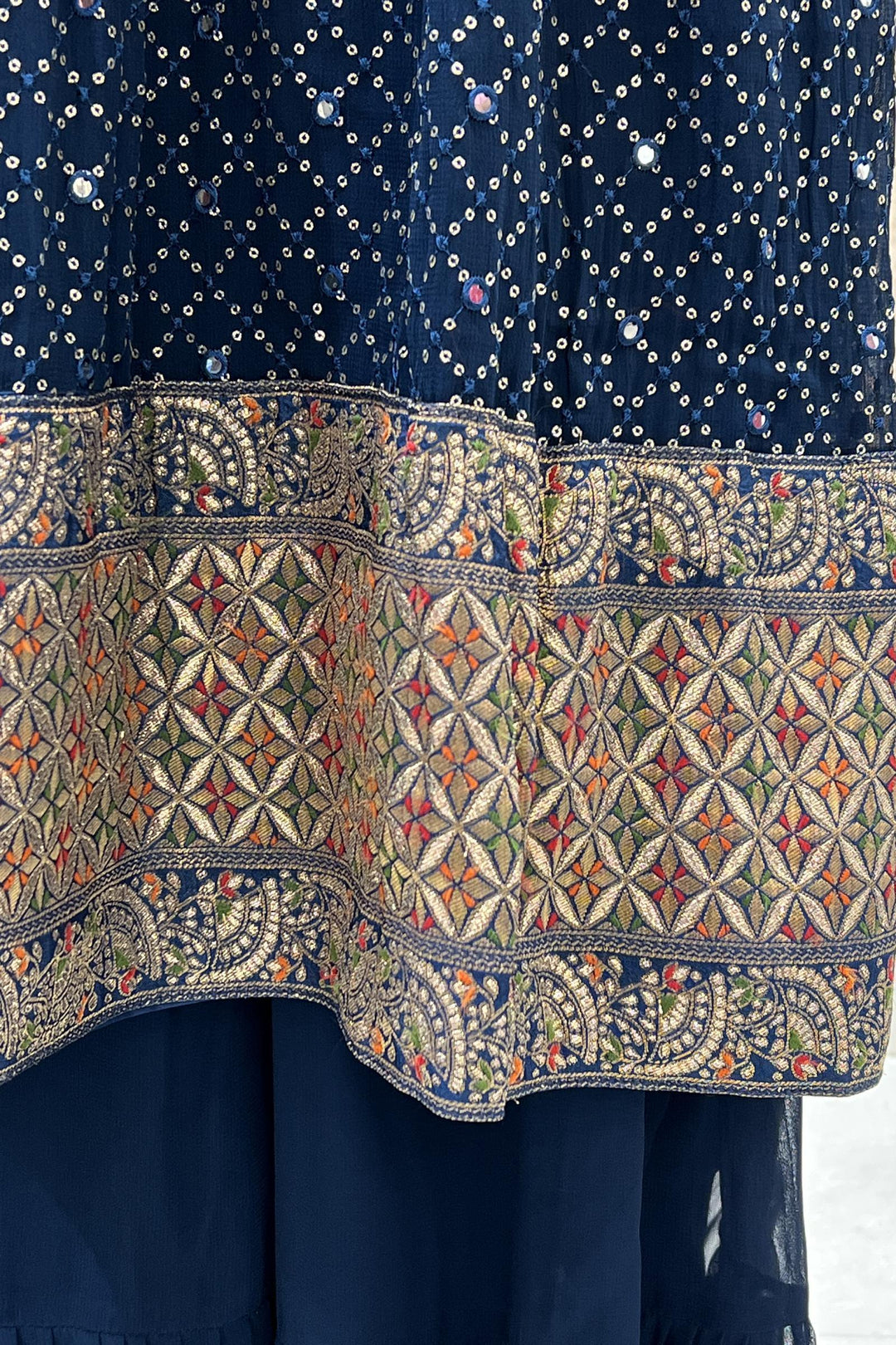 Blue Banaras, Sequins and Thread work Salwar Suit with Palazzo Pants - Seasons Chennai