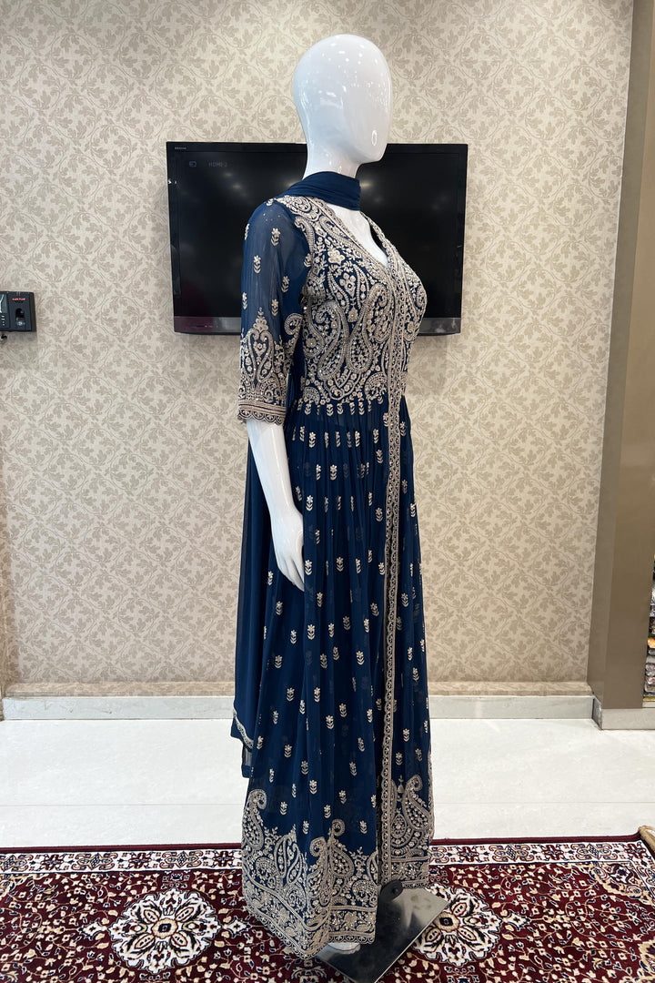Peacock Blue Embroidery and Beads work Front Slit Salwar Suit with Palazzo Pants - Seasons Chennai