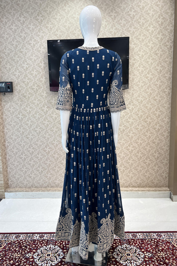 Peacock Blue Embroidery and Beads work Front Slit Salwar Suit with Palazzo Pants - Seasons Chennai