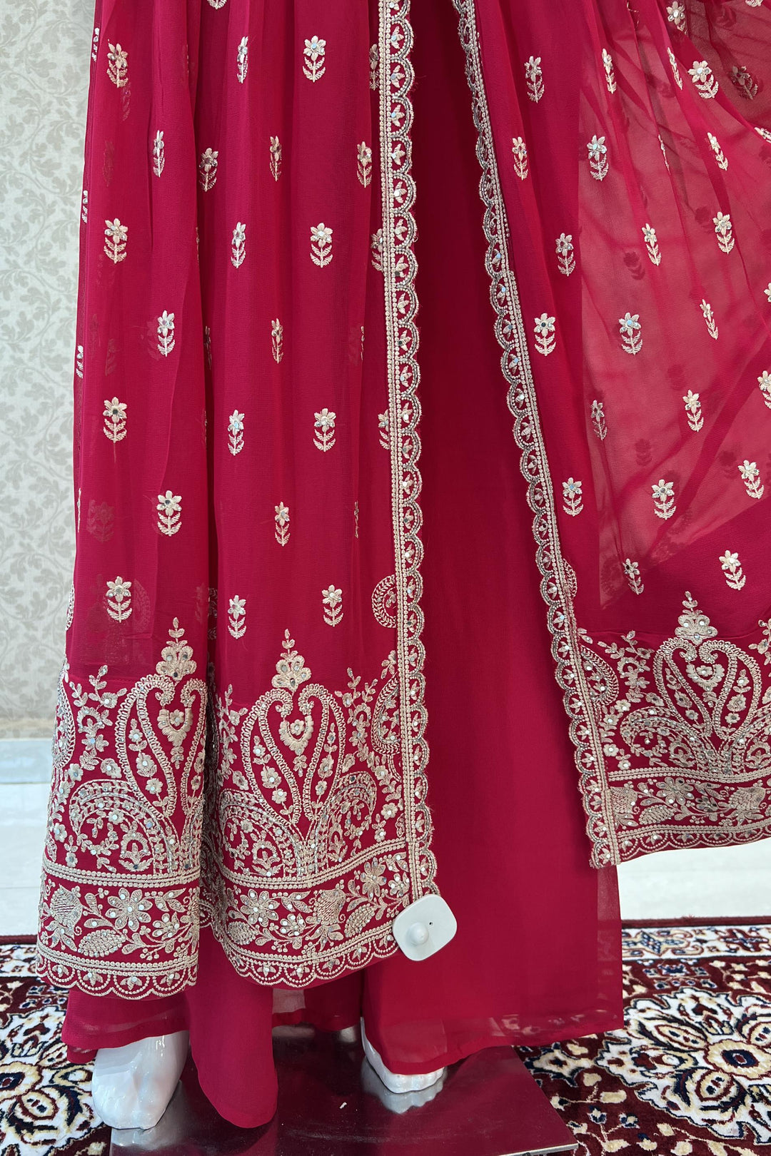 Rani Pink Embroidery and Beads work Front Slit Salwar Suit with Palazzo Pants - Seasons Chennai