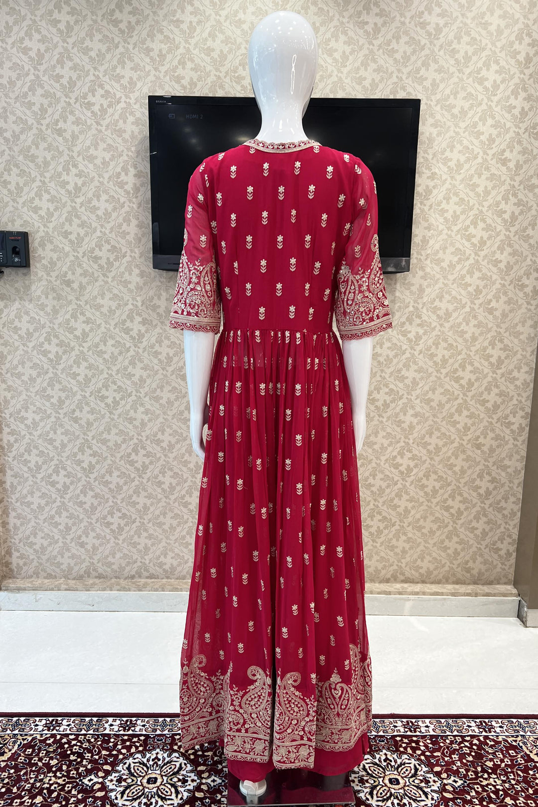 Rani Pink Embroidery and Beads work Front Slit Salwar Suit with Palazzo Pants - Seasons Chennai