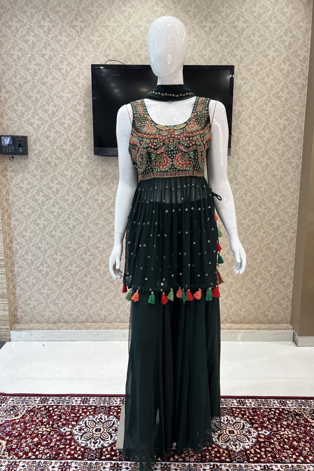 Bottle Green Thread, Sequins, Beads and Zari work Salwar Suit with Palazzo Pants - Seasons Chennai