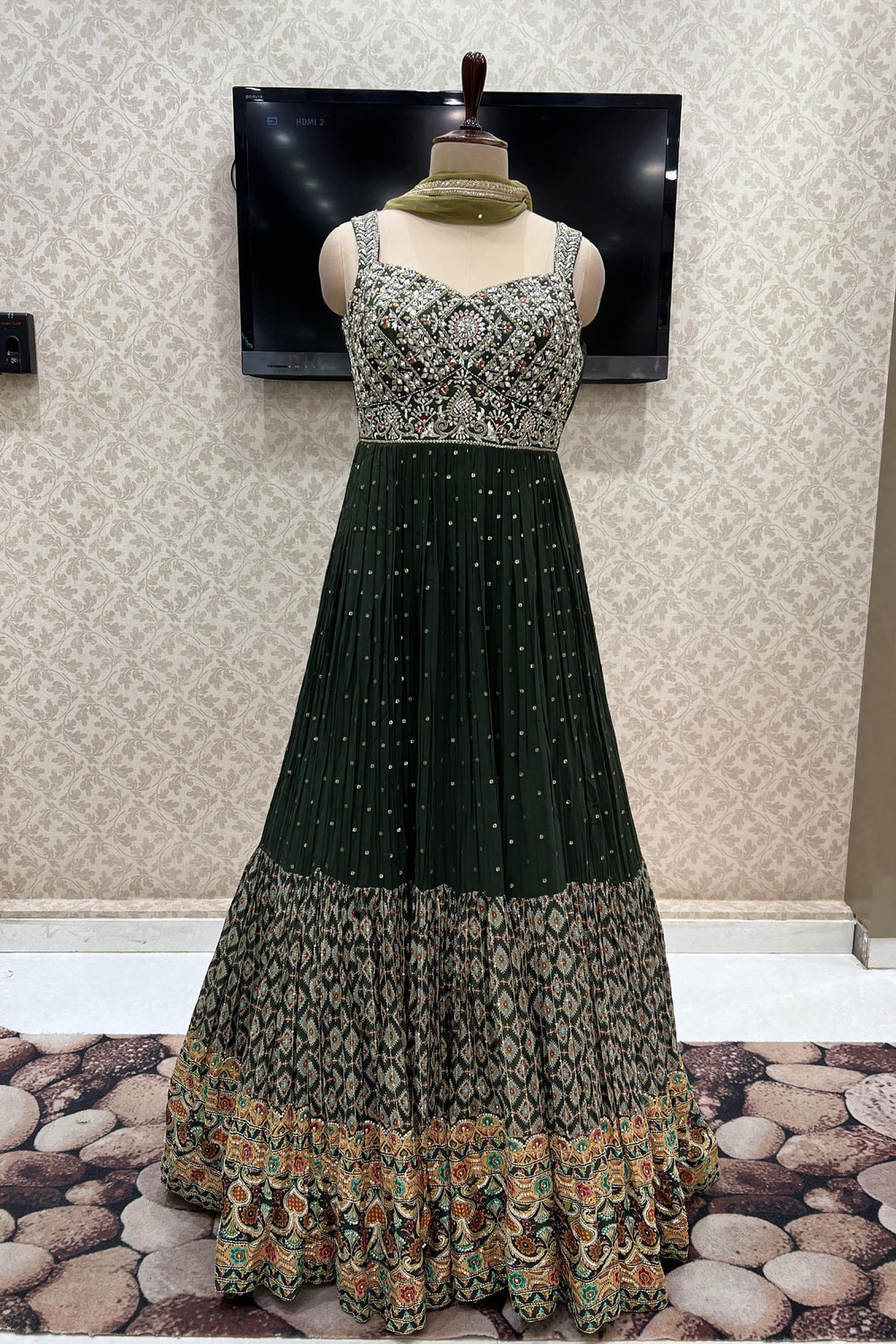 Dark Green Mirror, Zari and Beads work with Digital Print Floor Length Anarkali Suit - Seasons Chennai
