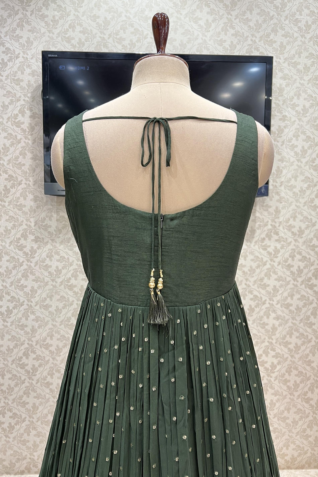 Dark Green Mirror, Zari and Beads work with Digital Print Floor Length Anarkali Suit - Seasons Chennai