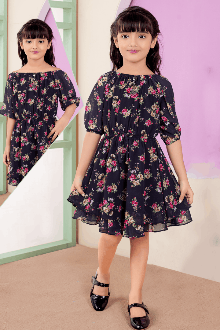 Navy Blue Multicolor Floral Print Knee Length Casual Frock for Girls - Seasons Chennai