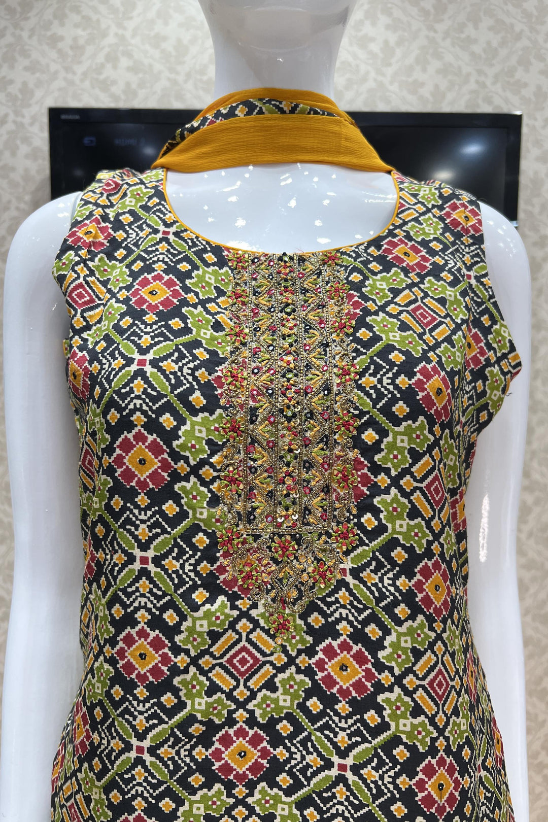 Black Beads, Sequins, Thread and Zari work with Patola Print Straight Cut Salwar Suit - Seasons Chennai