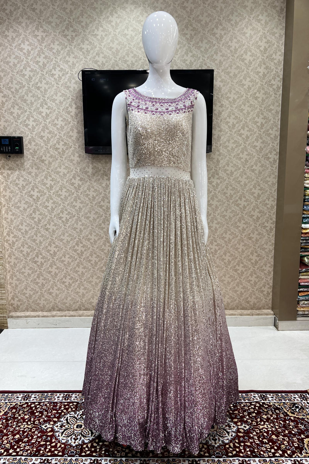 Cream with Pink Shaded Sequins, Thread, Mirror and Beads work Bridal and Partywear Gown - Seasons Chennai