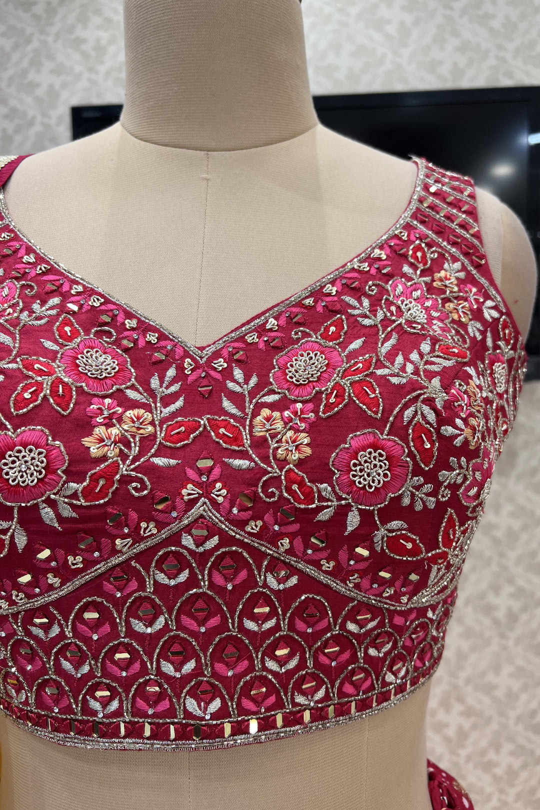 Rani Pink Mirror, Zari, Beads and Embroidery work with Bandini Print Crop Top Lehenga - Seasons Chennai