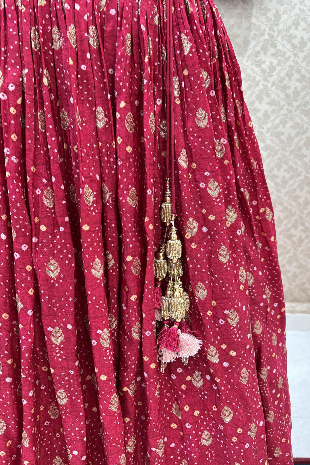 Rani Pink Mirror, Zari, Beads and Embroidery work with Bandini Print Crop Top Lehenga - Seasons Chennai