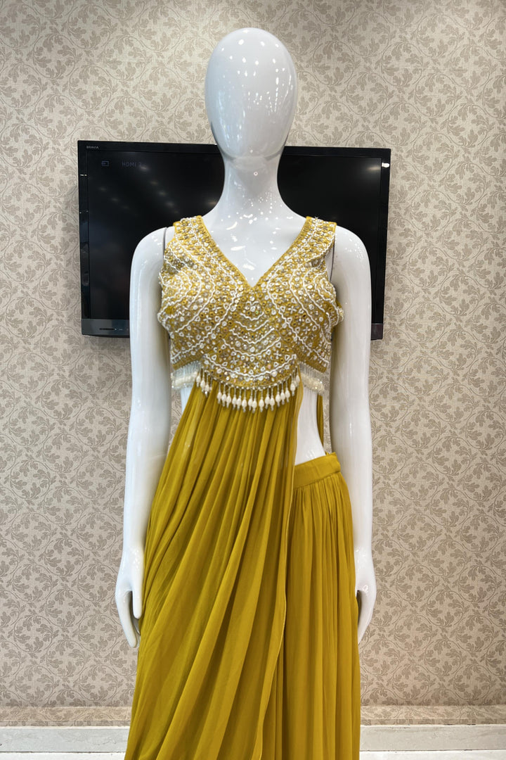 Mustard Yellow Beads, Sequins and Mirror work Crop Top Palazzo Set with Attached Dupatta - Seasons Chennai
