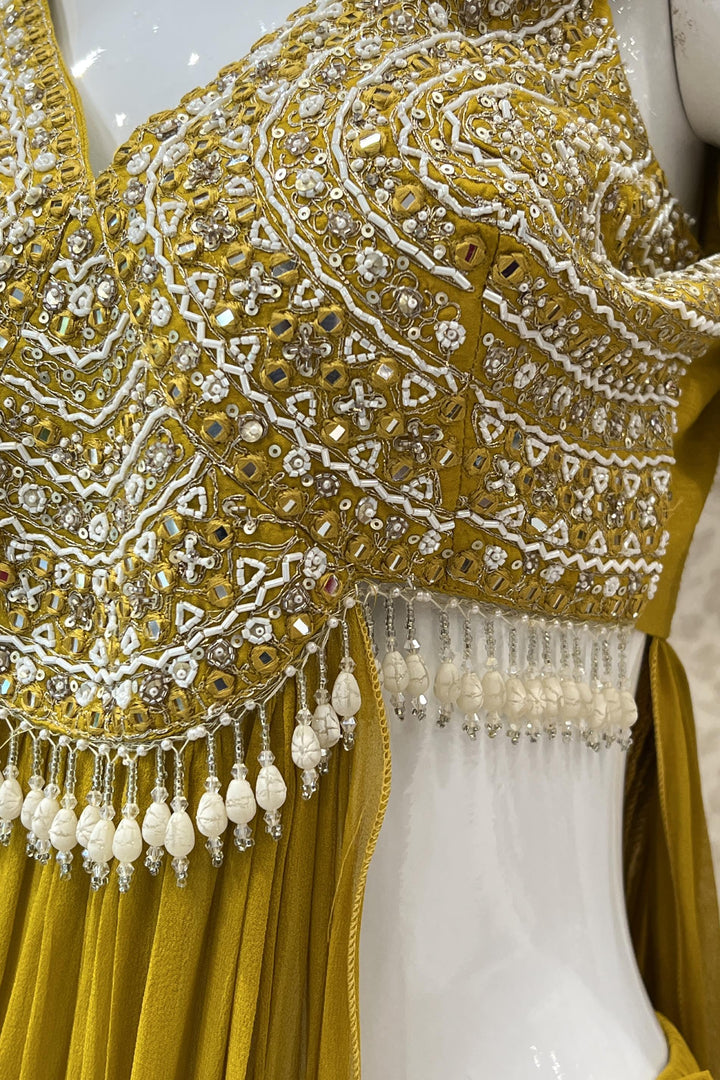 Mustard Yellow Beads, Sequins and Mirror work Crop Top Palazzo Set with Attached Dupatta - Seasons Chennai