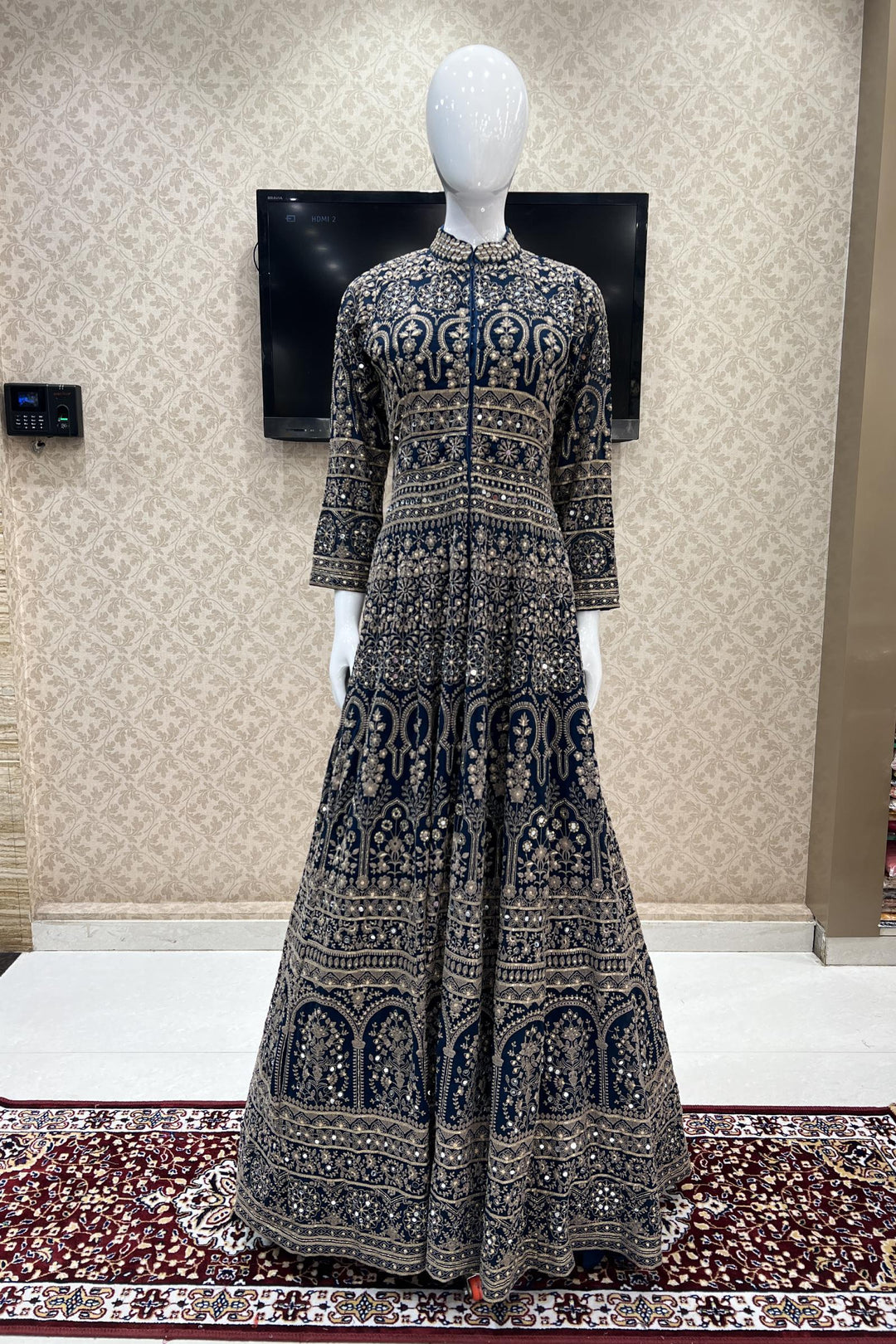 Teal Blue Chickankari, Mirror and Sequins work Mastani Styled Long Top Lehenga - Seasons Chennai