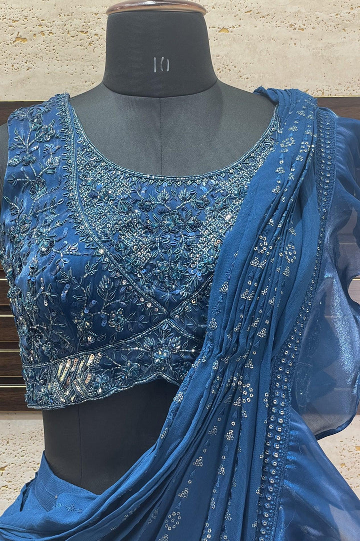 Peacock Blue Readymade Fancy Saree and Readymade Blouse - Seasons Chennai