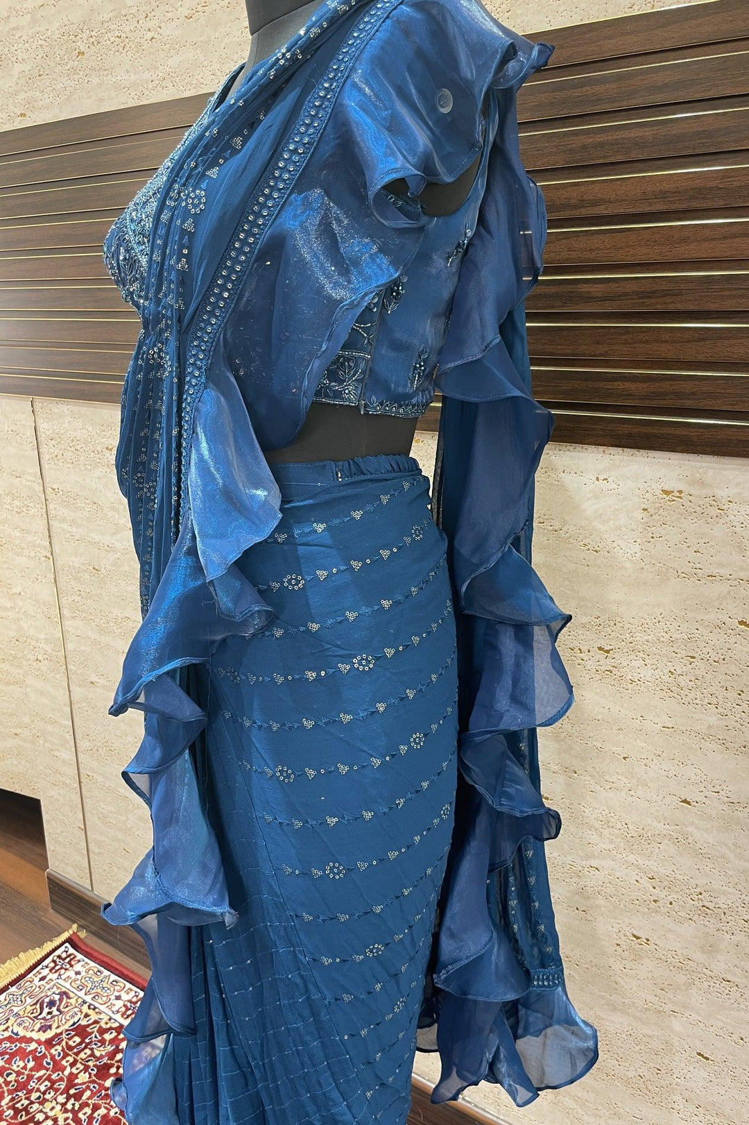 Peacock Blue Readymade Fancy Saree and Readymade Blouse - Seasons Chennai