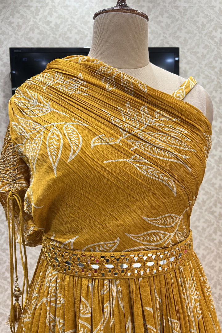 Mustard Leaf Print Poncho Style Floor Length Anarkali Gown with Belt - Seasons Chennai