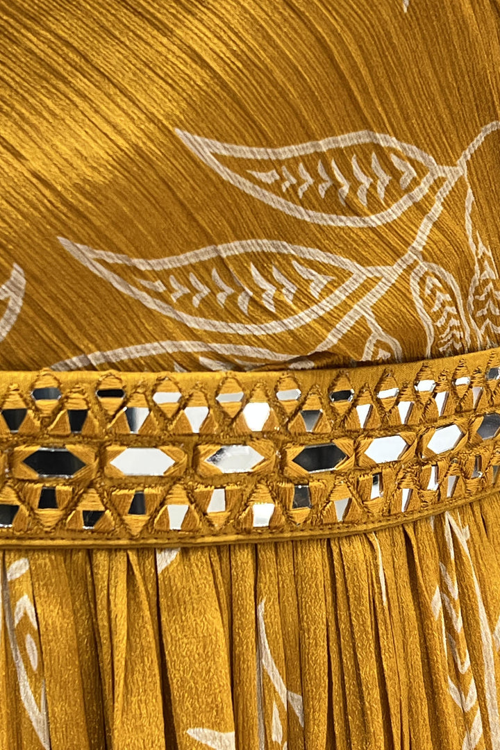 Mustard Leaf Print Poncho Style Floor Length Anarkali Gown with Belt - Seasons Chennai