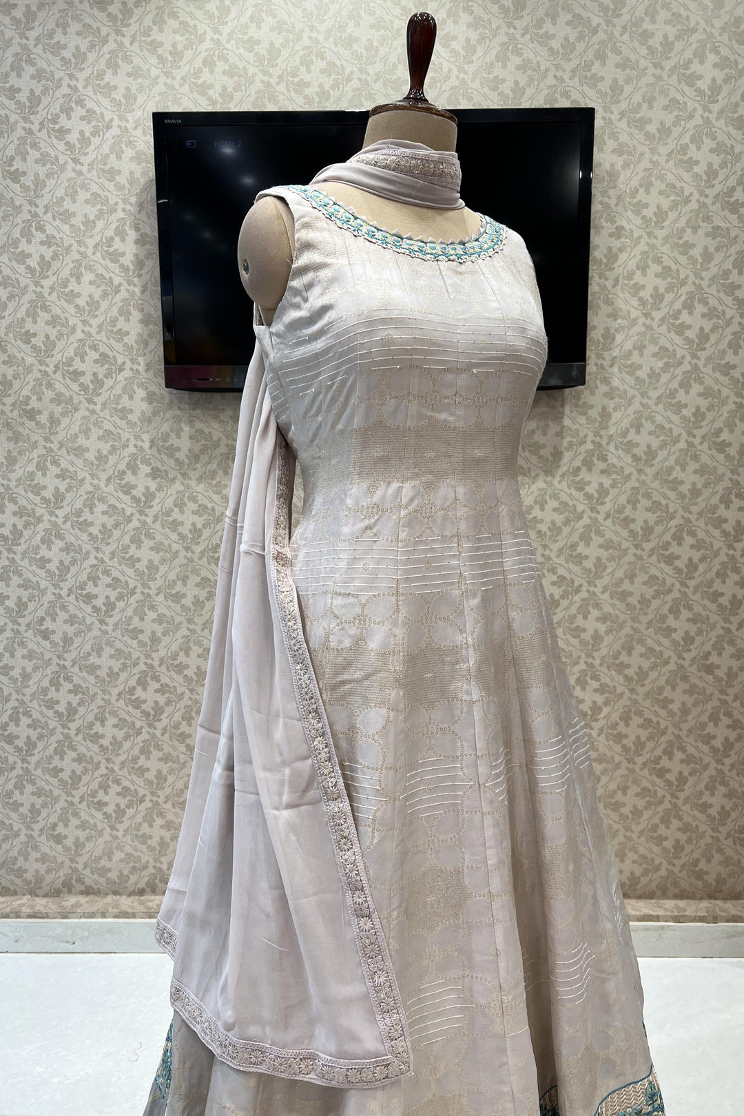 Powder Pink Thread, Sequins and Banaras work Floor Length Anarkali Suit - Seasons Chennai