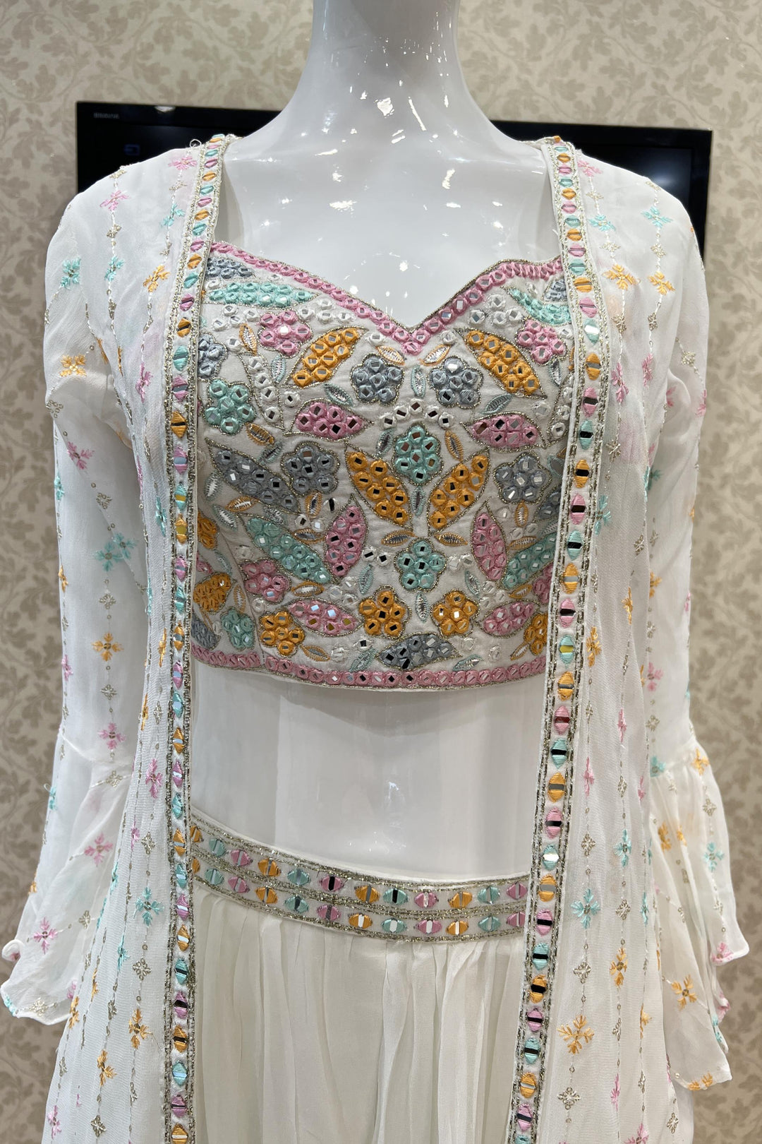 White Multicolor Thread and Mirror work Long Over Coat Crop Top Palazzo Set - Seasons Chennai