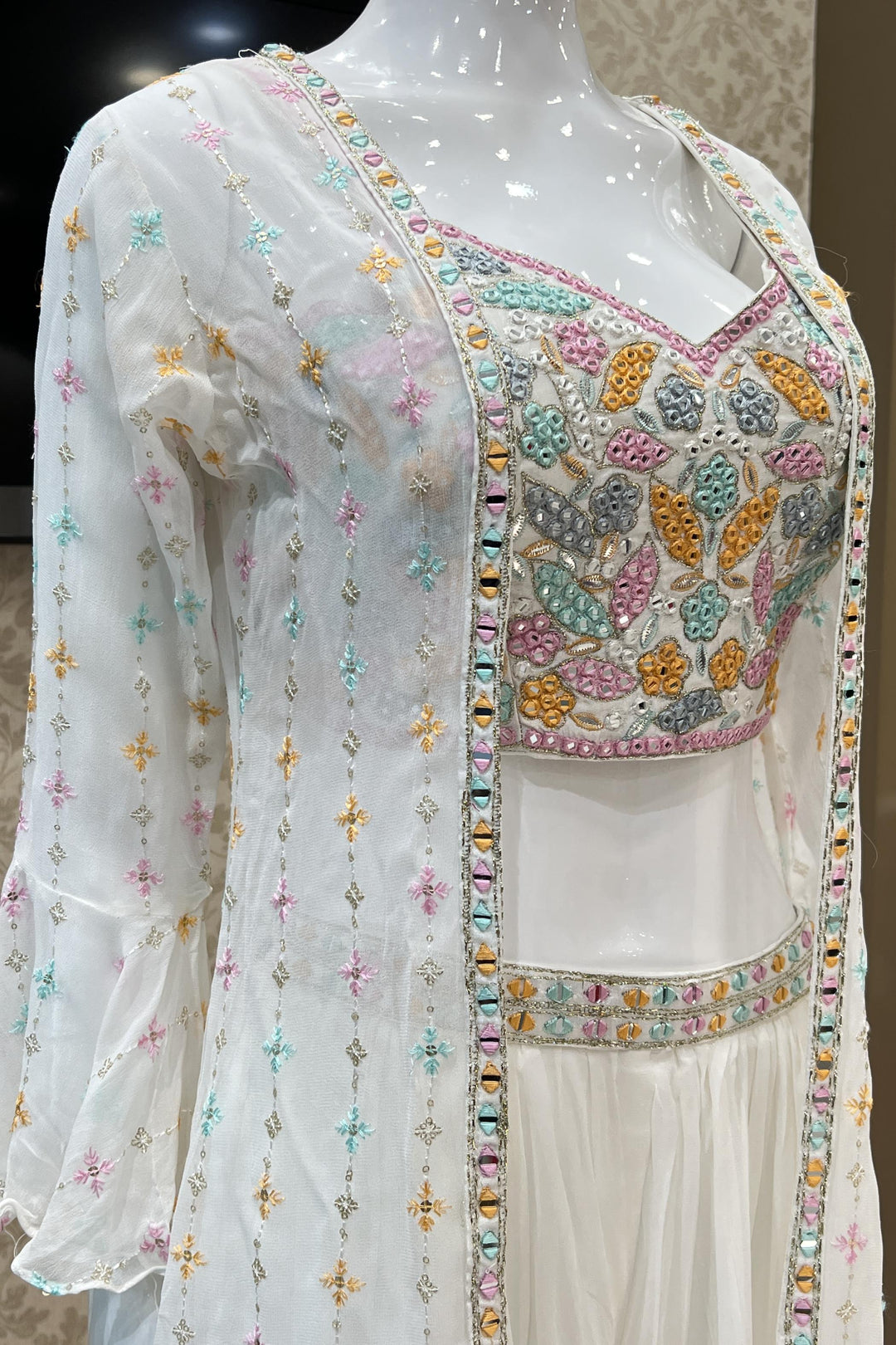 White Multicolor Thread and Mirror work Long Over Coat Crop Top Palazzo Set - Seasons Chennai
