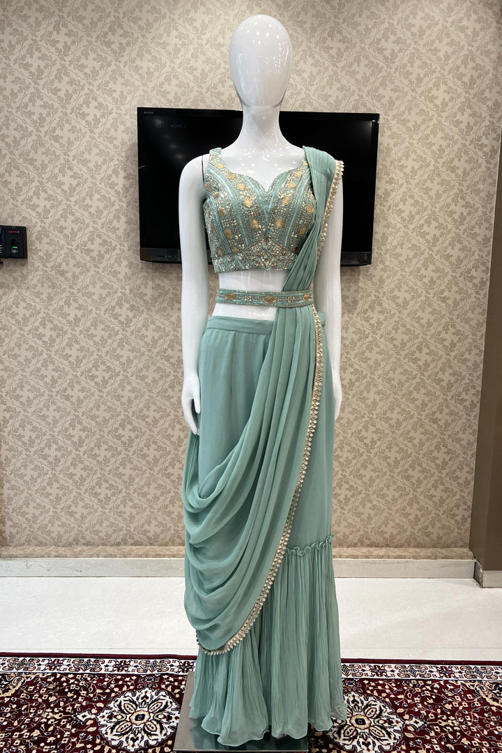 Sea Green Sequins, Beads, Pearl and Zari work Crop Top Palazzo Set with Belt - Seasons Chennai