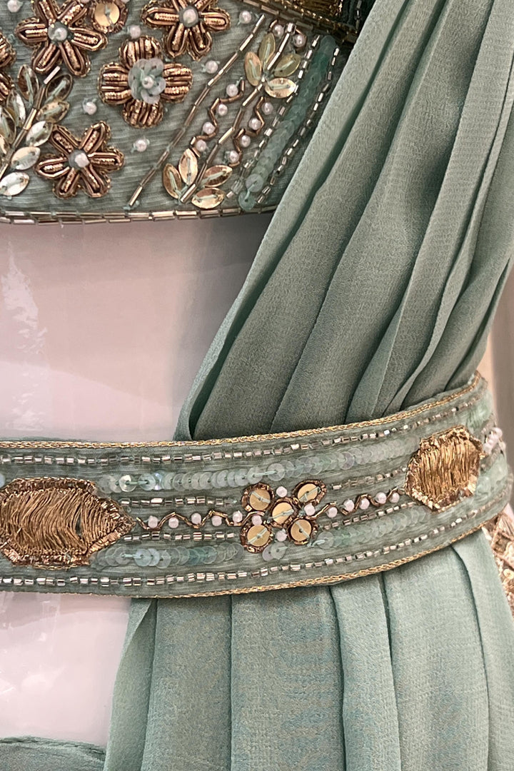 Sea Green Sequins, Beads, Pearl and Zari work Crop Top Palazzo Set with Belt - Seasons Chennai