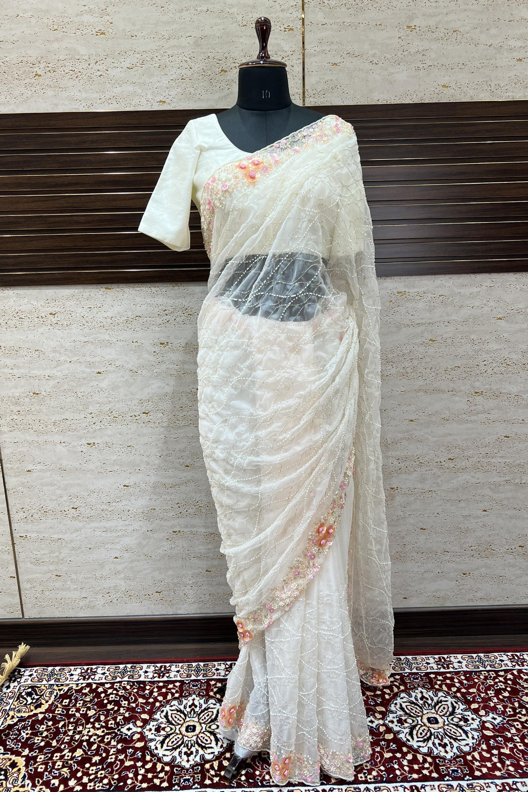 Cream Sequins, Pearl and Beads work Organza Saree and Matching Unstitched Blouse - Seasons Chennai