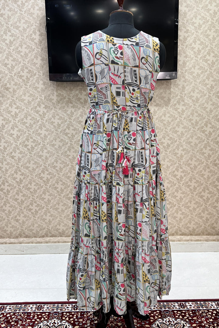 Grey Mirror, Thread and Zari work with Abstract Print Anarkali Long Kurti - Seasons Chennai