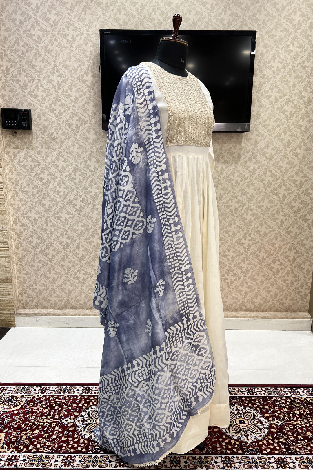 Cream Sequins and Zari work Anarkali Long Kurti with Kalamkari Printed Dupatta - Seasons Chennai