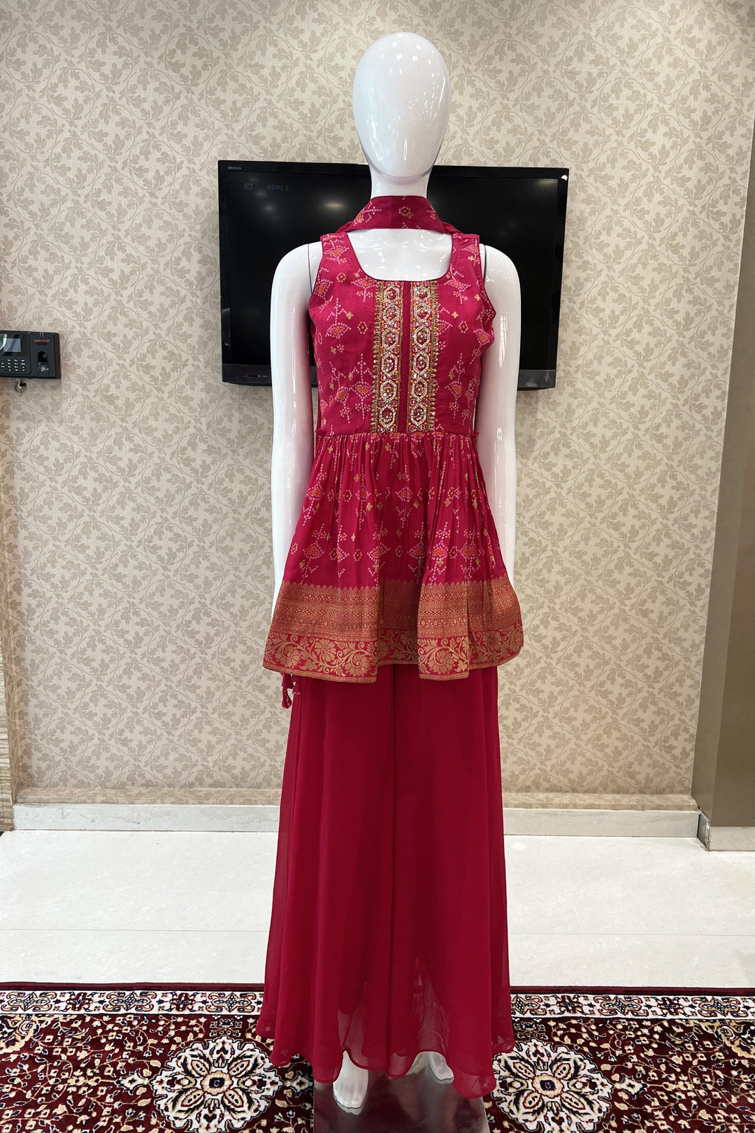 Rani Pink Bandini Print, Banaras, Sequins and Stone work Peplum Top with Palazzo Suit Set - Seasons Chennai