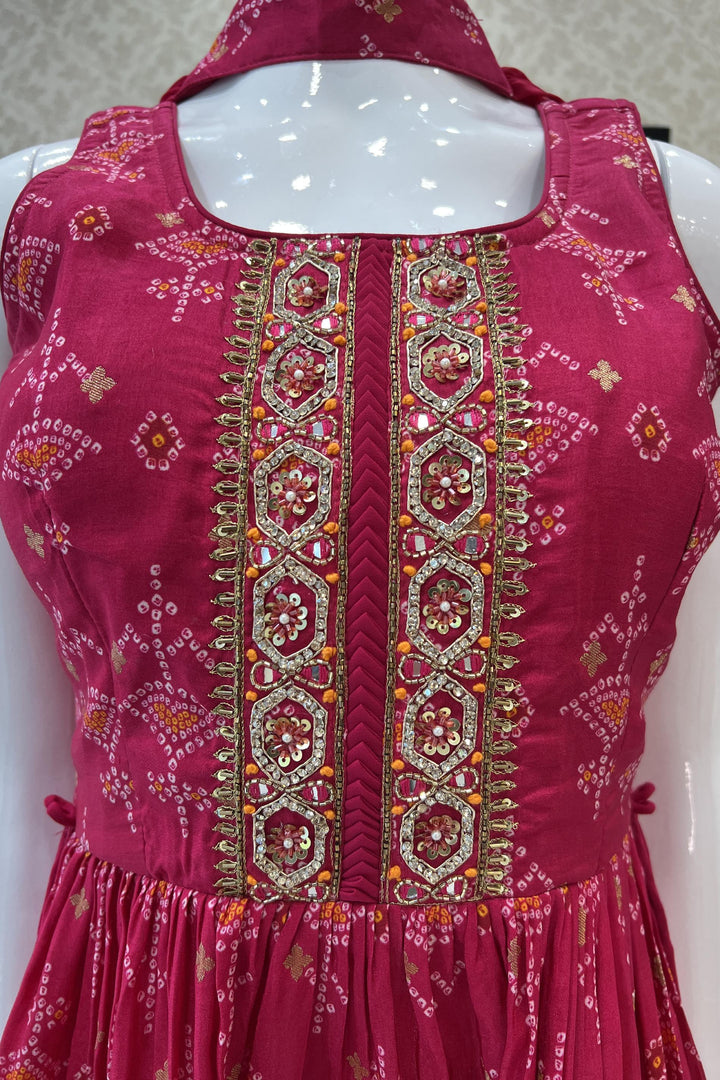 Rani Pink Bandini Print, Banaras, Sequins and Stone work Peplum Top with Palazzo Suit Set - Seasons Chennai