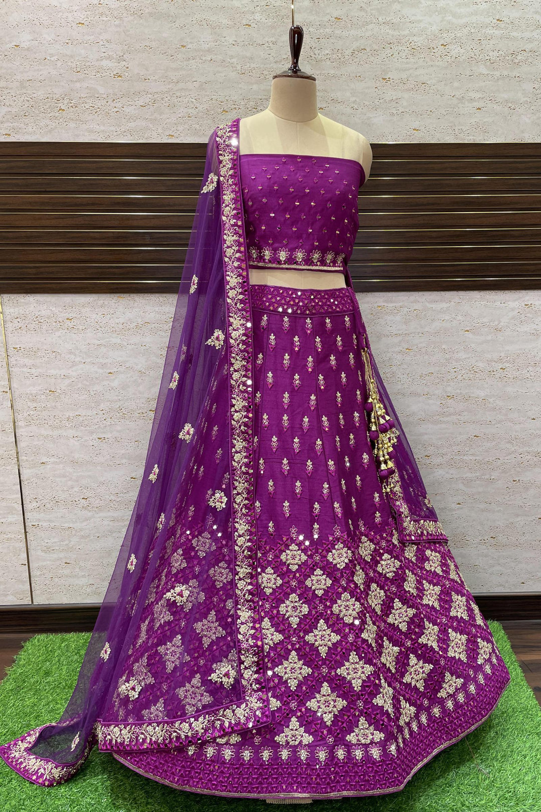 Purple Mirror, Stone and Golden Zari work Semi-Stitched Designer Bridal Lehenga - Seasons Chennai