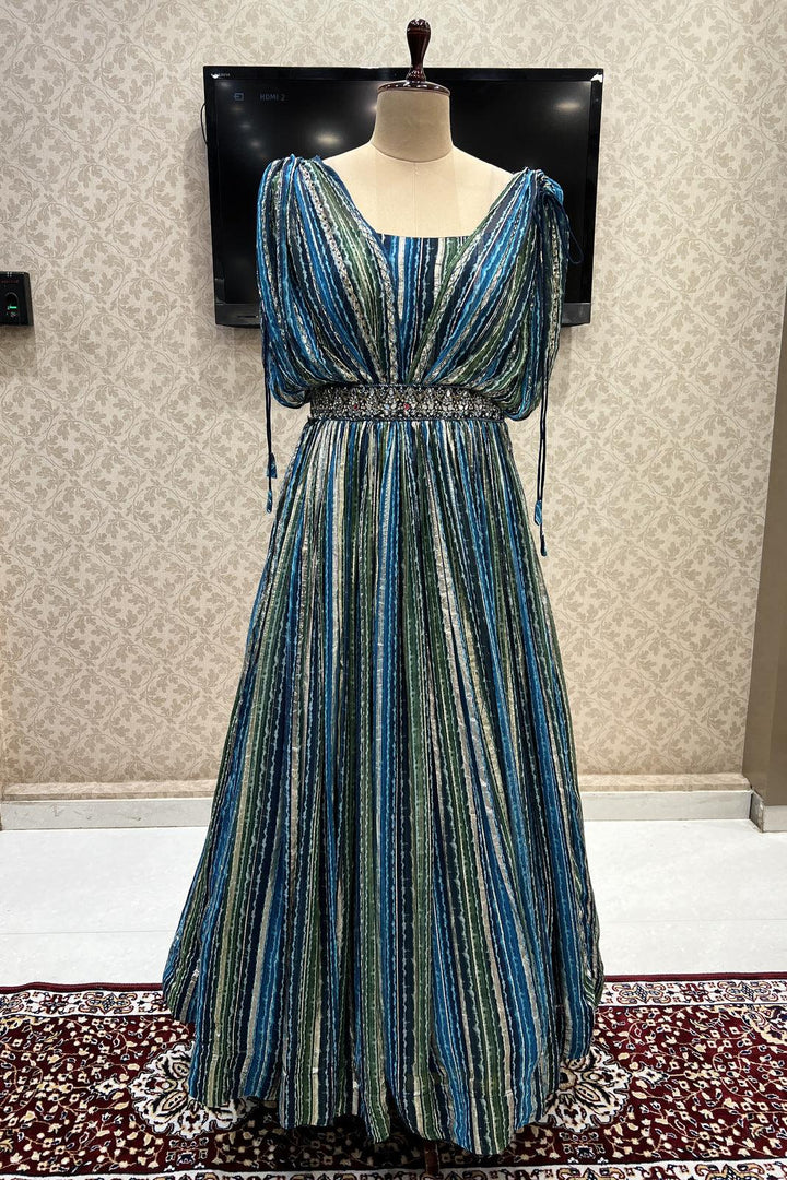 Blue Sequins, Beads, Stone, Mirror and Zari Weaving work Poncho Style Anarkali Gown - Seasons Chennai