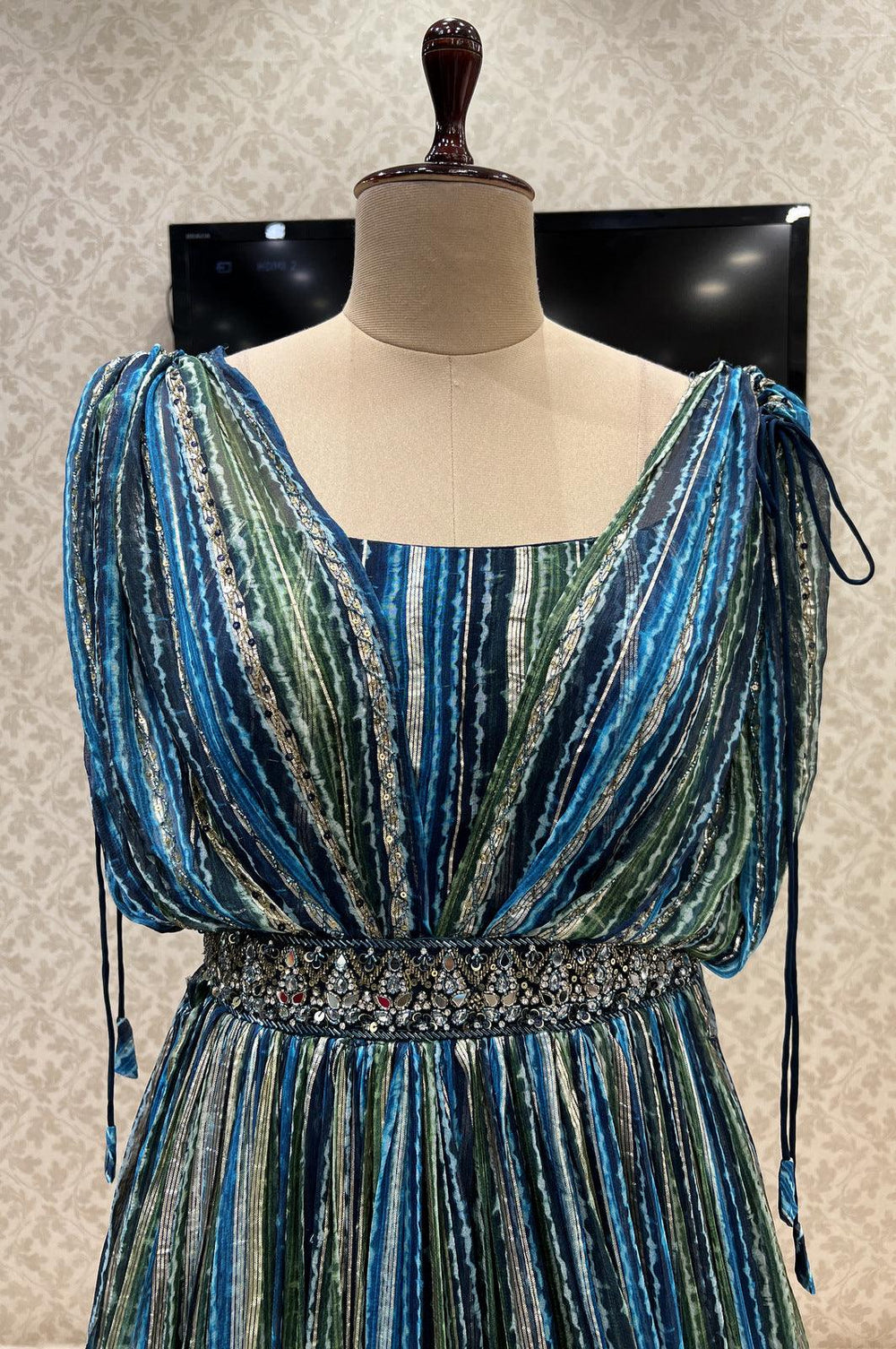 Blue Sequins, Beads, Stone, Mirror and Zari Weaving work Poncho Style Anarkali Gown - Seasons Chennai