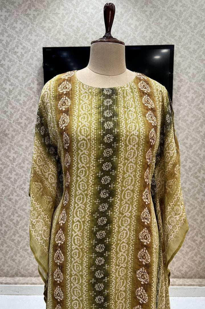 Green Shaded Sequins and Thread work with Batik Print Kaftan Style Kurti - Seasons Chennai