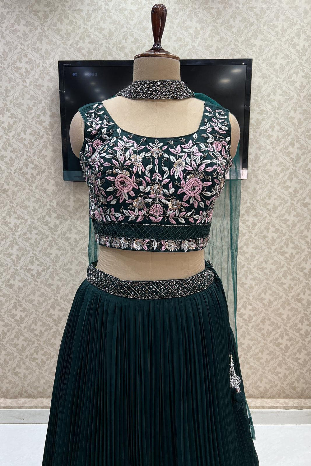 Green Beads, Thread and Sequins work Crop Top Lehenga - Seasons Chennai