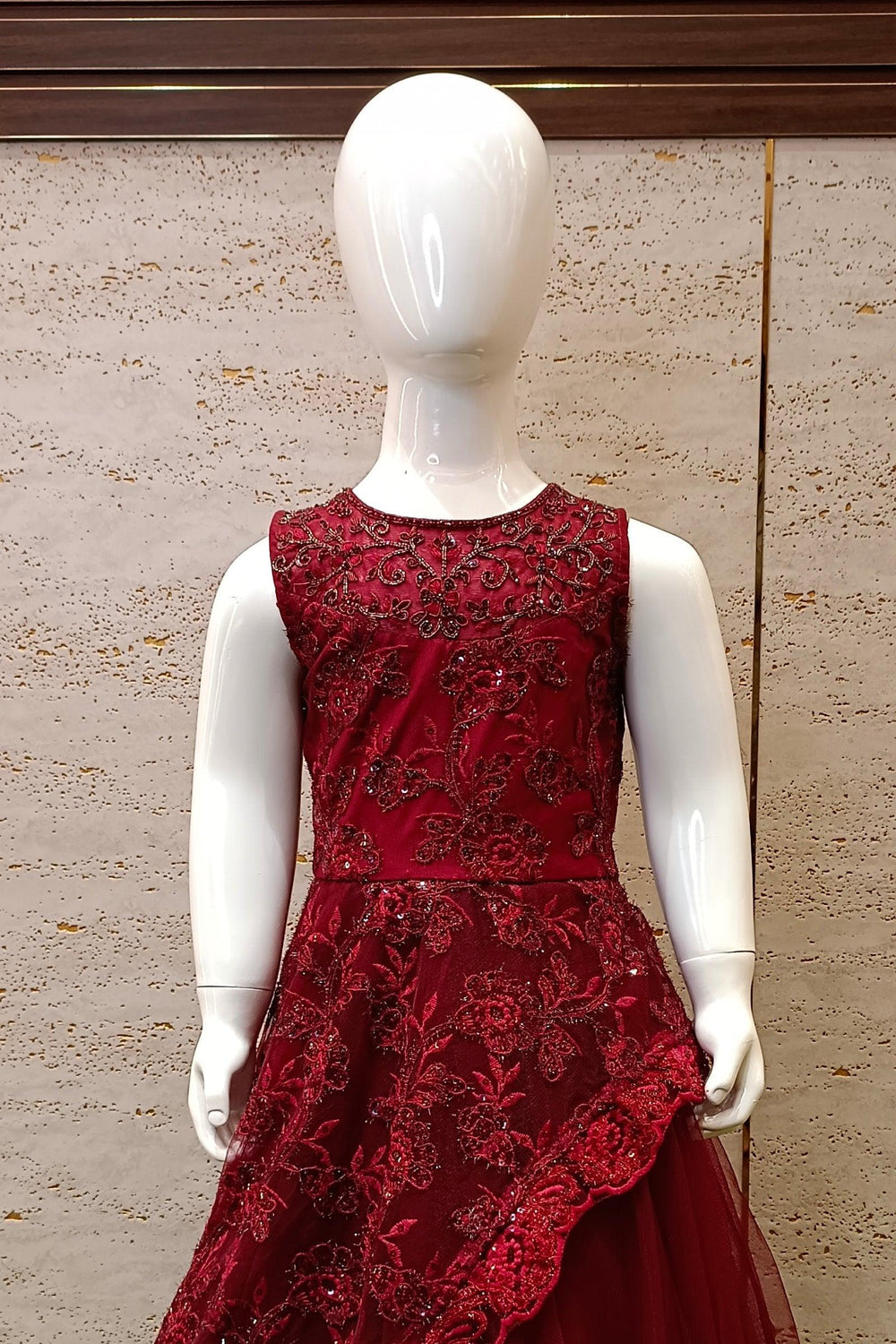 Maroon Beads, Thread and Sequins work Long Party Frock for Girls - Seasons Chennai