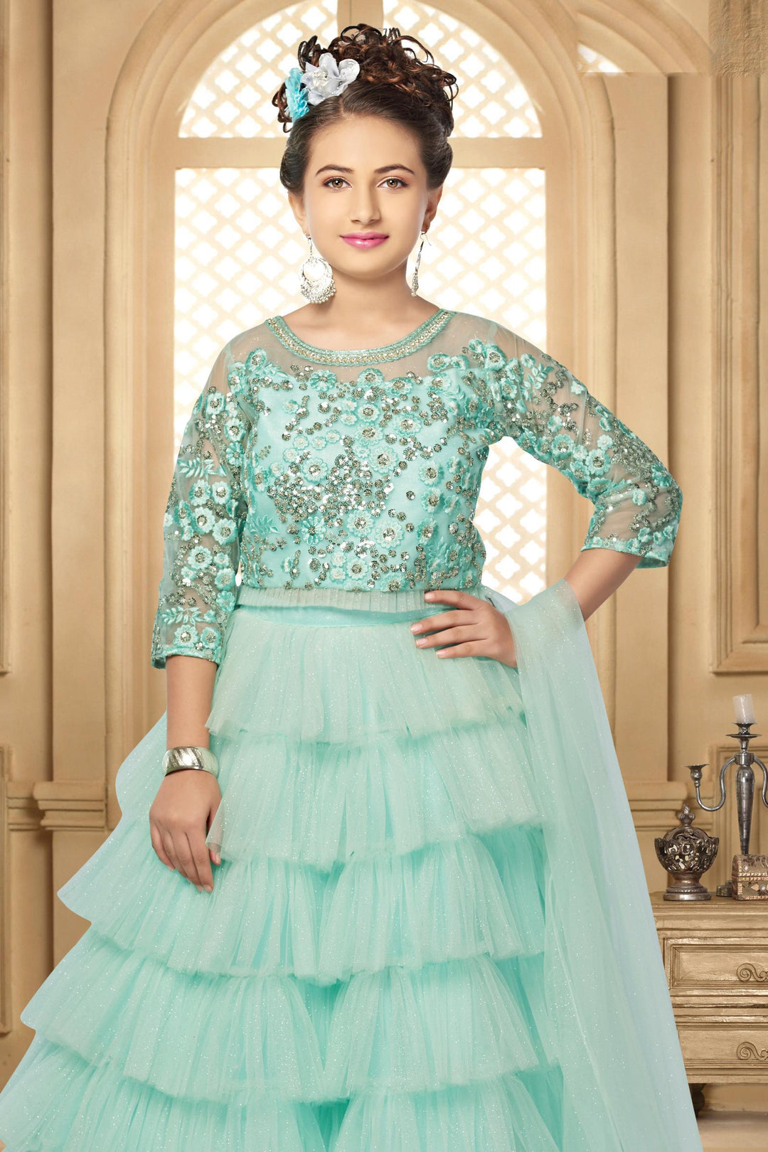 Apple Green Sequins and Thread work Partywear Lehenga Choli for Girls - 2
