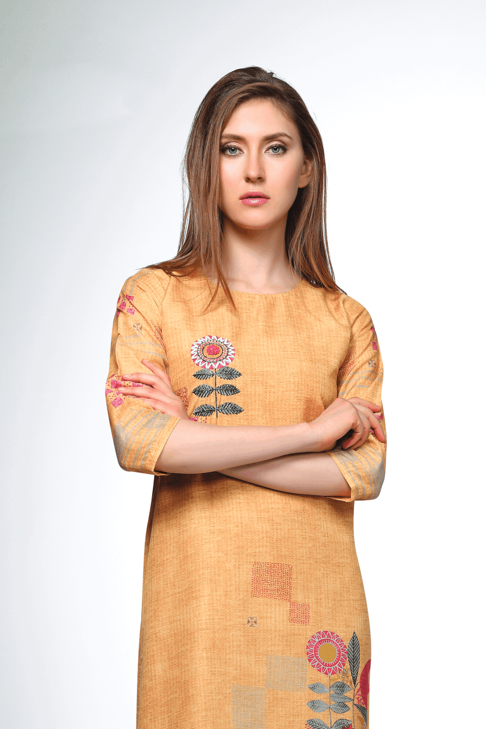 Mustard Yellow Self Print with Beads and Thread work Calf Length Kurti - Seasons Chennai