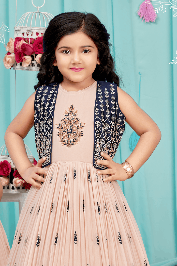 Light Peach with Navy Blue Sequins and Thread work Overcoat Long Gown for Girls - Seasons Chennai