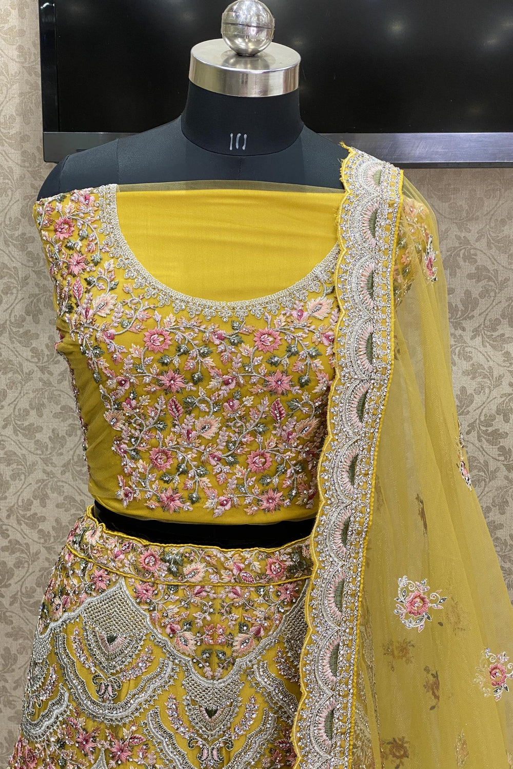 Yellow Mirror, Stone and Threadwork Semi-Stitched Designer Bridal Lehenga - SeasonsChennai