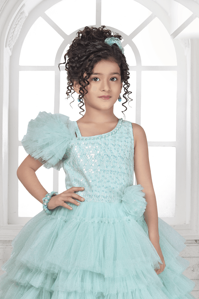 Sea Blue Sequins and Thread work Long Party Frock for Girls - Seasons Chennai