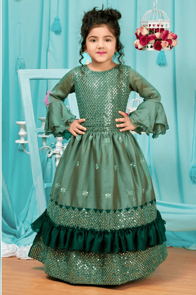 Green Shaded Sequins and Thread work Long Party Gown for Girls with 5in1 Dupatta - Seasons Chennai